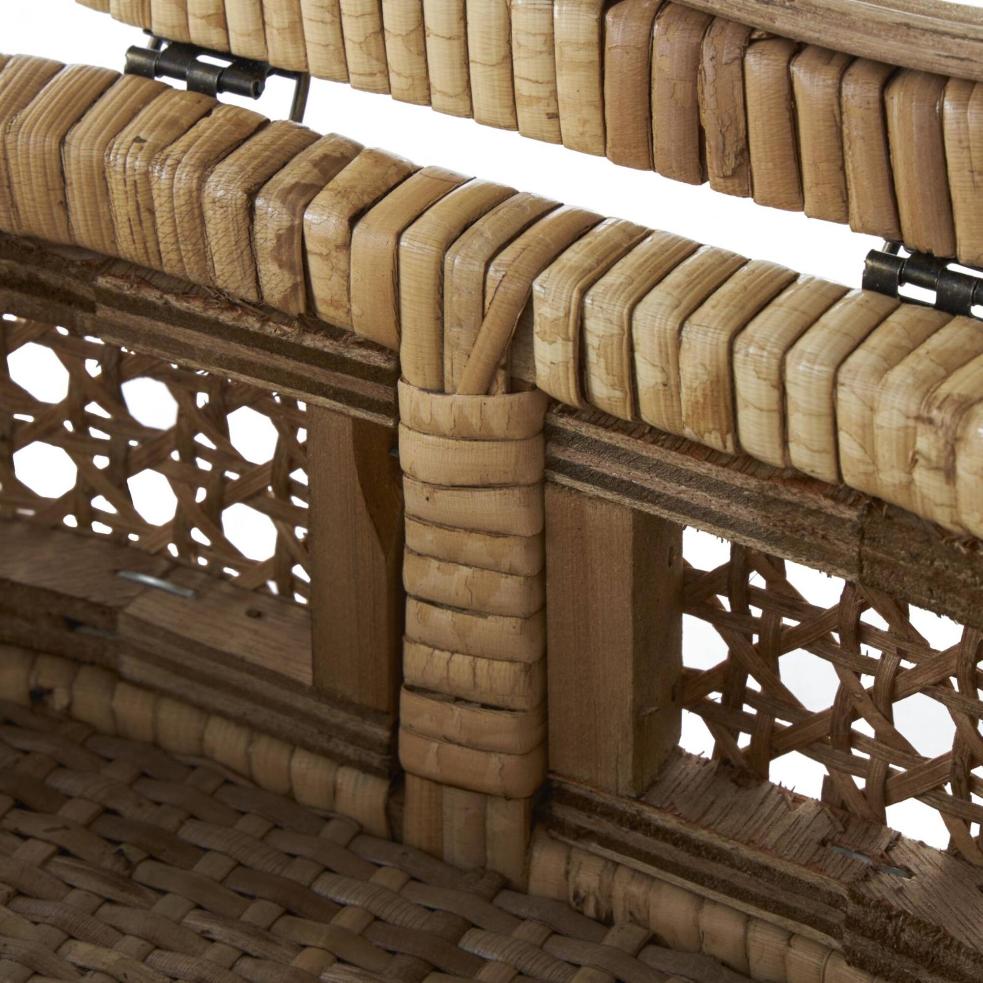 Brown Oval Rattan Storage Box Set with Pane Panels & Glass Tops